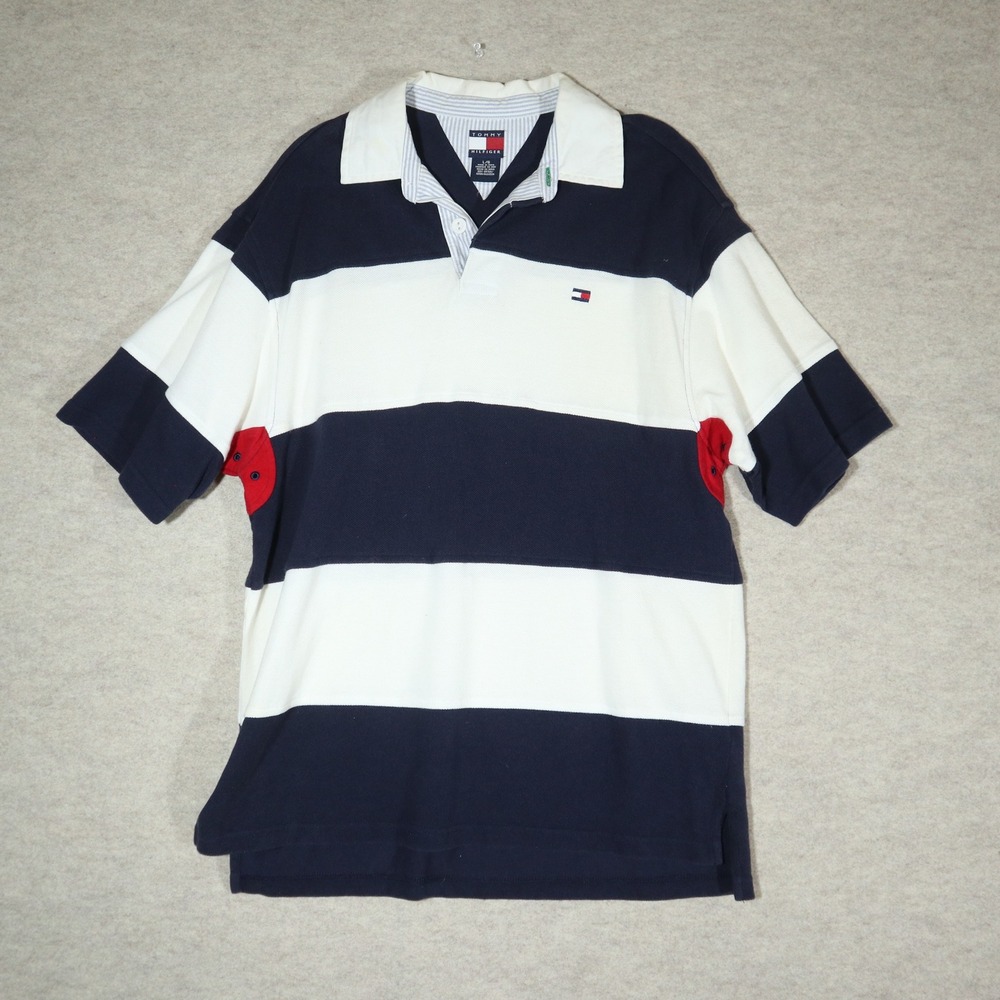 Tommy Hilfiger Vintage 90s Rugby Polo Shirt Mens Large Navy White Stripe Cotton